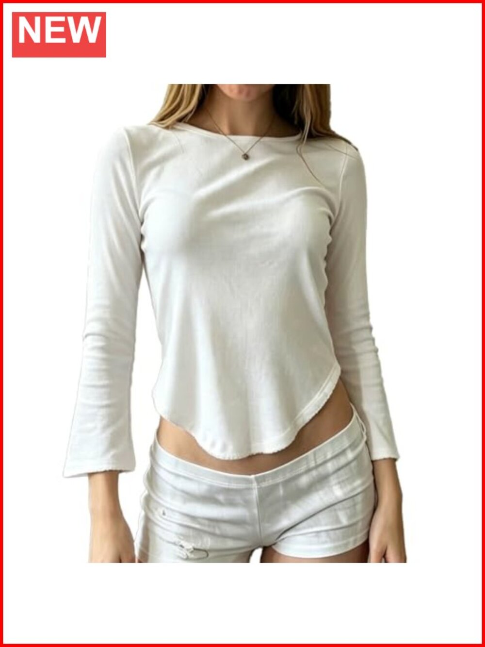 Women Boat Neck 3/4 Sleeve Scalloped Hem Y2K Crop Top